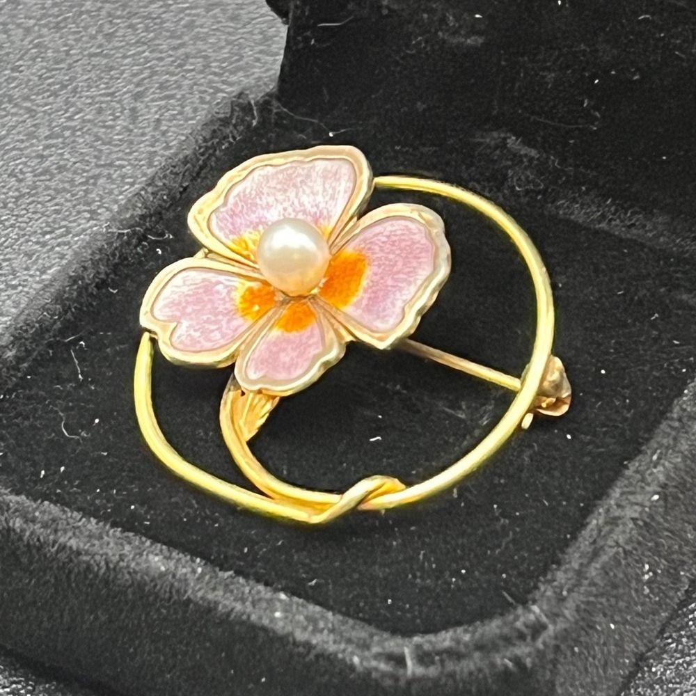 Creed 12K Gold Filled & Sterling Enamel Flower Brooch Mid Century Pearl Pin - Picture 7 of 11